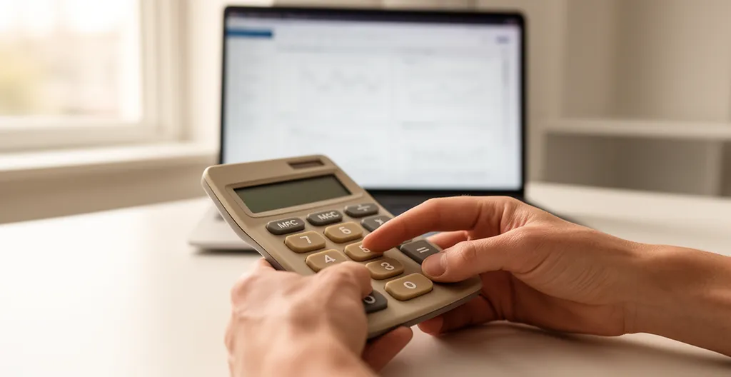 Main tenant une calculatrice devant un écran d'ordinateur