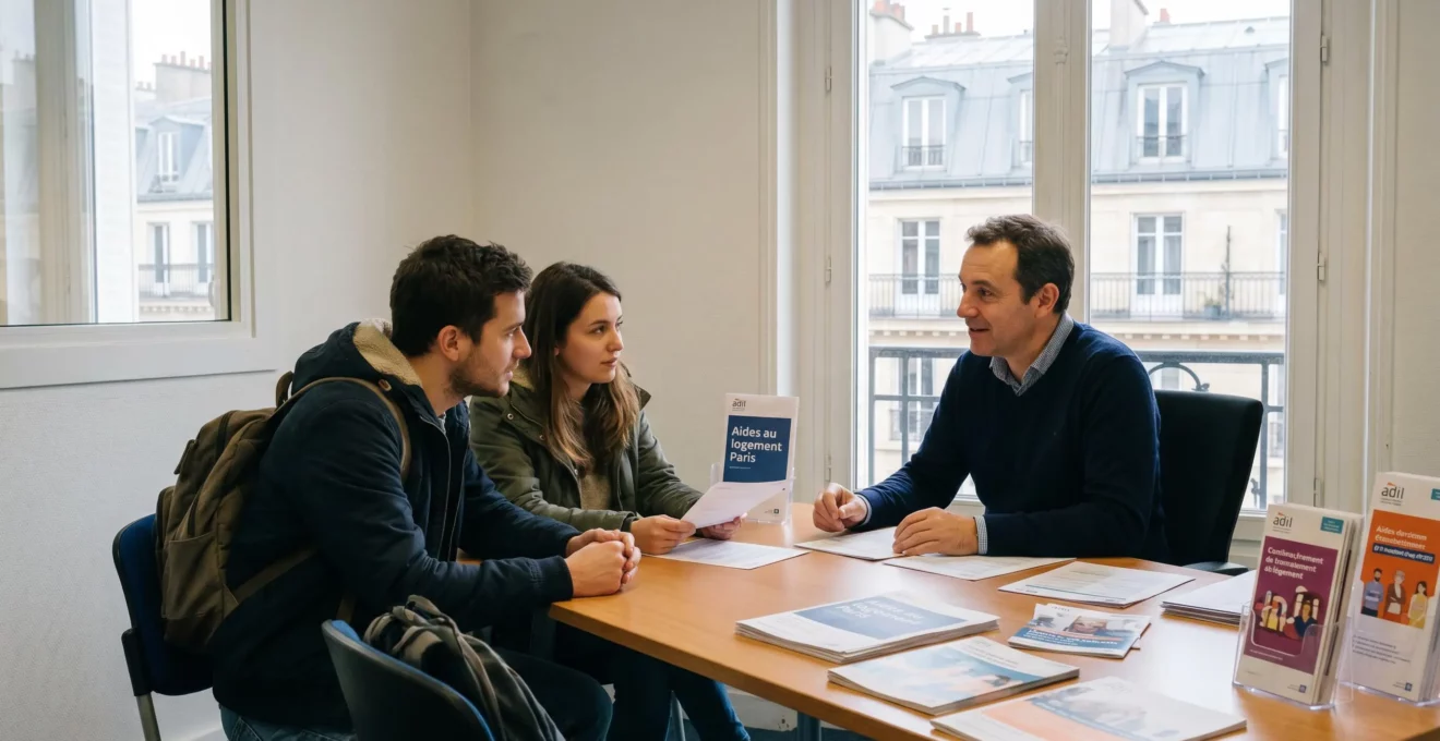 Conseiller ADIL accompagnant un jeune couple parisien dans leurs démarches d'aide au logement lors d'une permanence gratuite