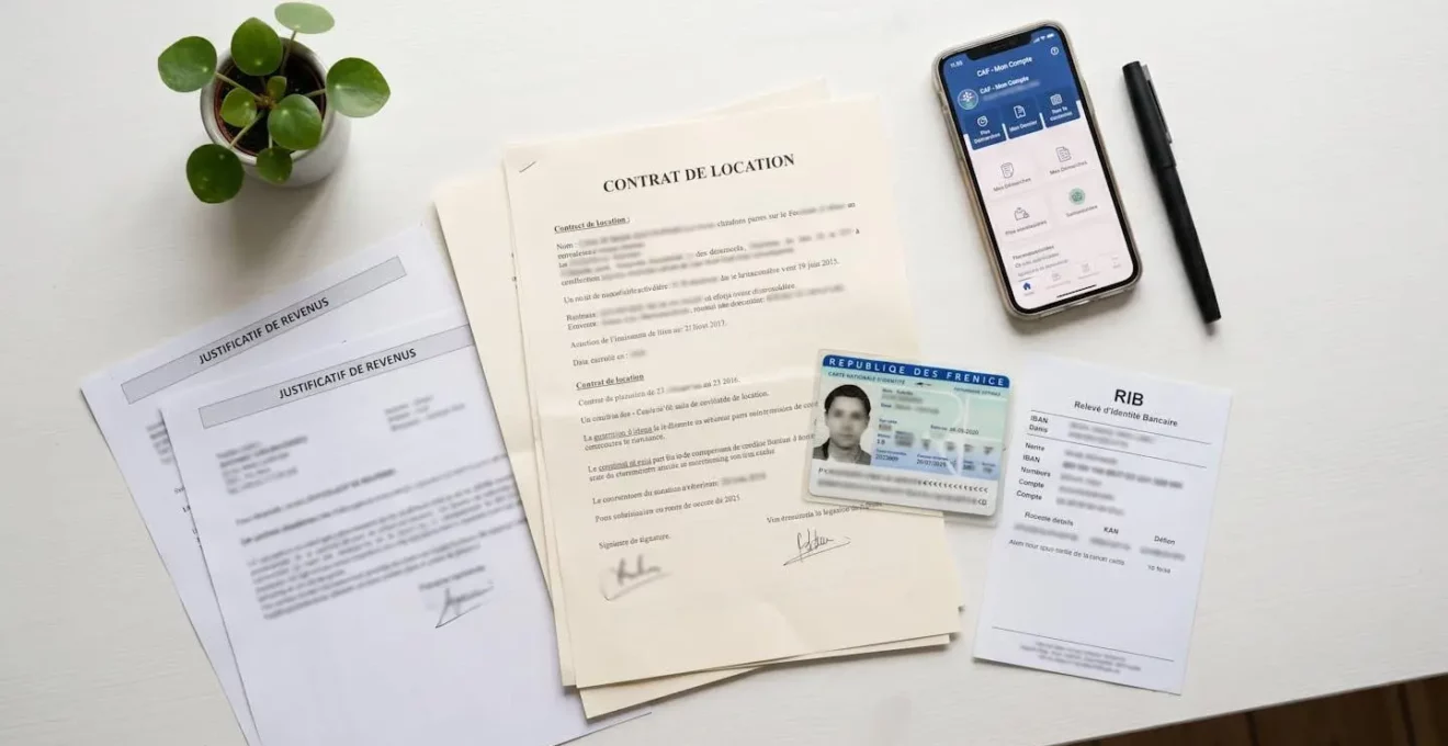 Documents administratifs nécessaires pour un dossier de demande d'aide au logement CAF disposés sur un bureau