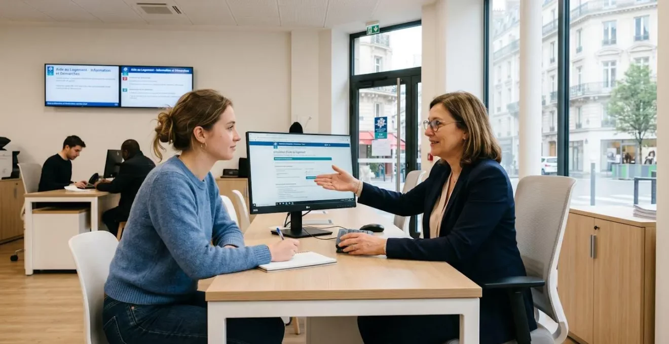 Jeune femme consultant un simulateur d'aide au logement avec une conseillère CAF dans une agence parisienne moderne