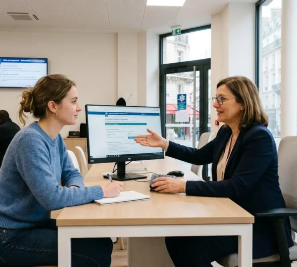 Jeune femme consultant un simulateur d'aide au logement avec une conseillère CAF dans une agence parisienne moderne